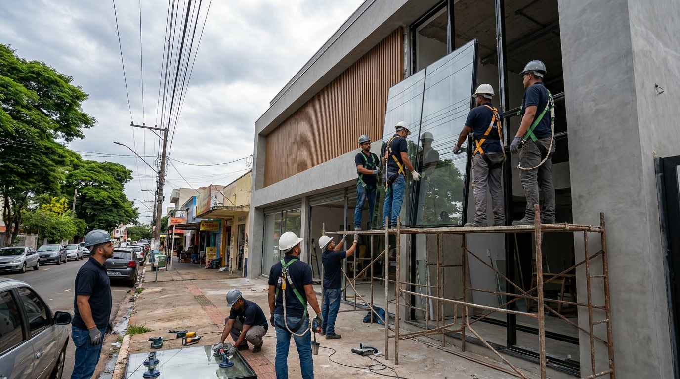 Fachada de vidro com andaime lateral em Aparecida de Goiânia-GO