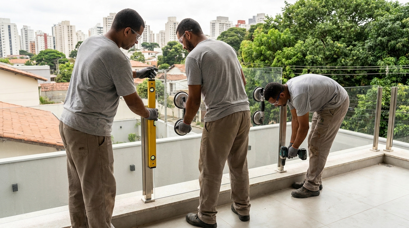 Guarda-corpo em terraço alto com vista cidade em Aparecida de Goiânia-GO