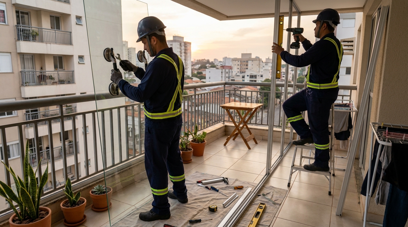 Instalação de parede de vidro em sacada em Aparecida de Goiânia-GO
