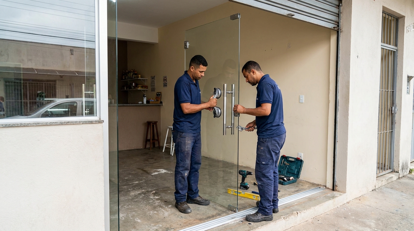 Dupla instalando porta de vidro em loja em Aparecida de Goiânia-GO