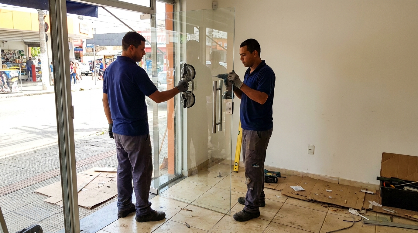 Porta de vidro de loja em rua movimentada em Aparecida de Goiânia-GO